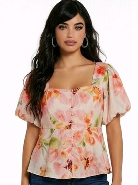 Torrid Floral Peplum Square Neck Puff Sleeve Top Size 0